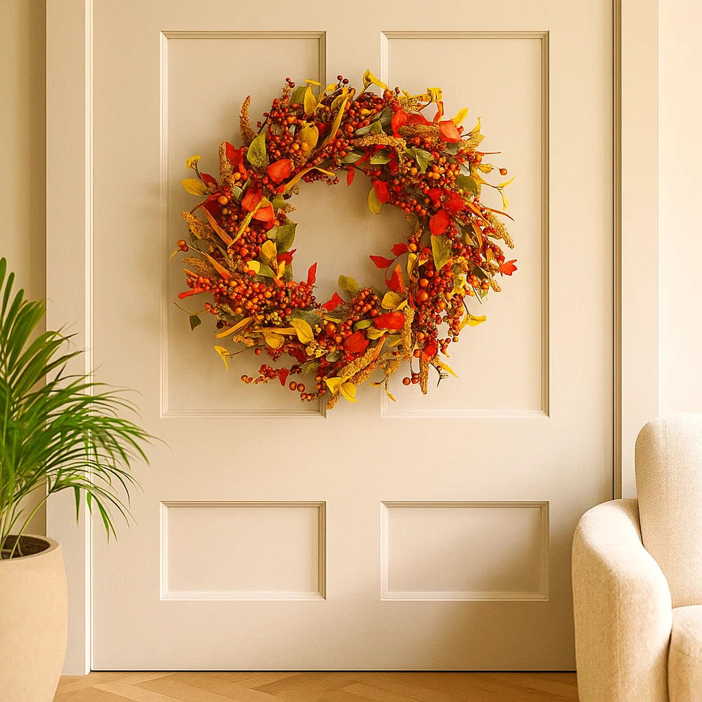 Autumn Rattan Wall Wreath With Berries And Leaves