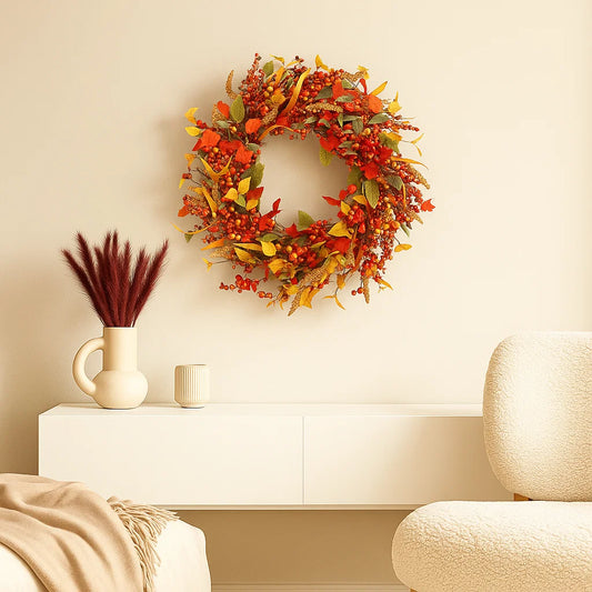 Autumn Rattan Wall Wreath With Berries And Leaves