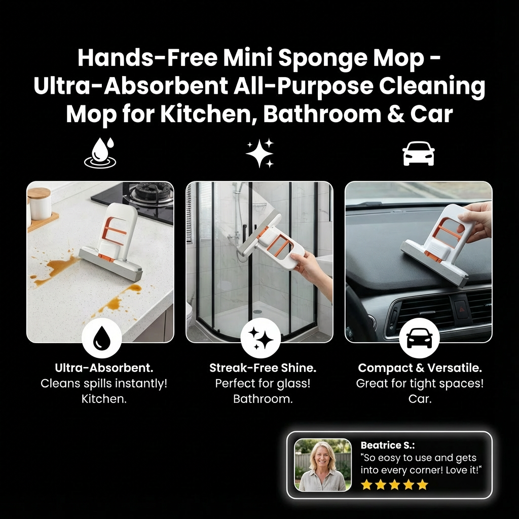 Hands-Free Mini Sponge Mop – Ultra-Absorbent All-Purpose Cleaning Mop for Kitchen, Bathroom & Car