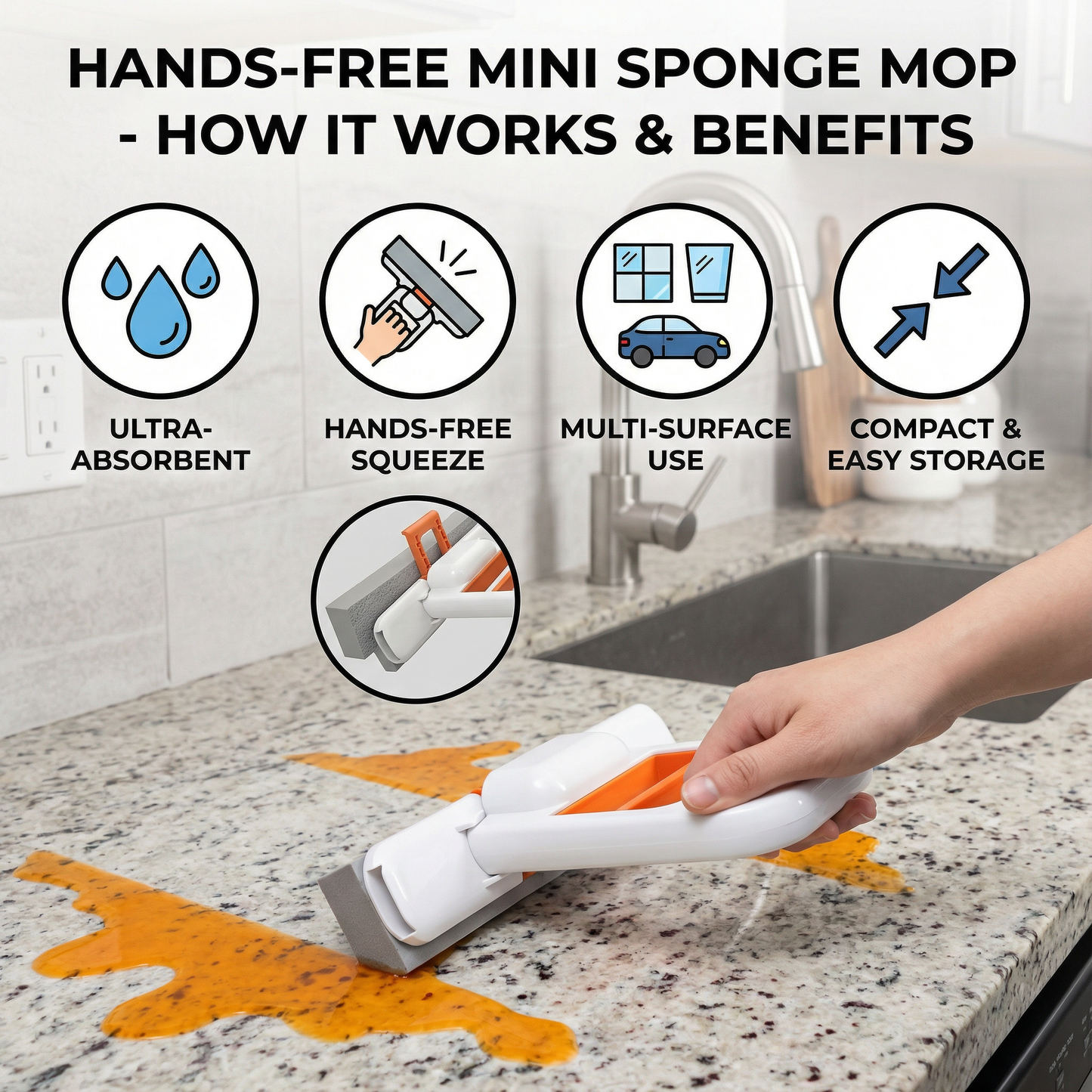 Hands-Free Mini Sponge Mop – Ultra-Absorbent All-Purpose Cleaning Mop for Kitchen, Bathroom & Car