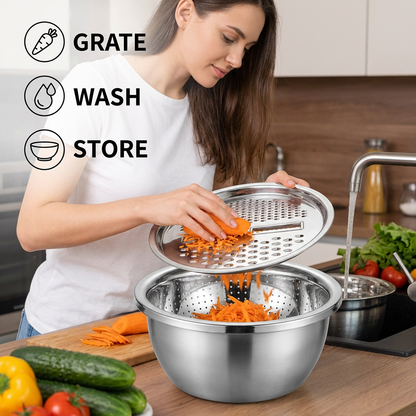 Vegetable Cutter with Grater – Multifunctional Colander and Mixing Bowl Set