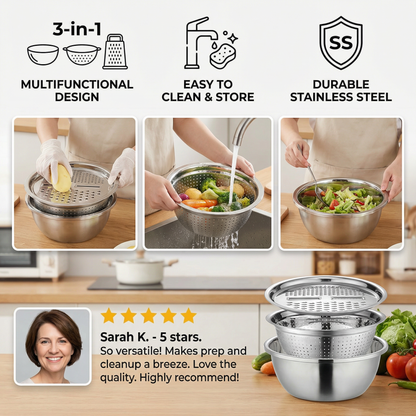 Vegetable Cutter with Grater – Multifunctional Colander and Mixing Bowl Set