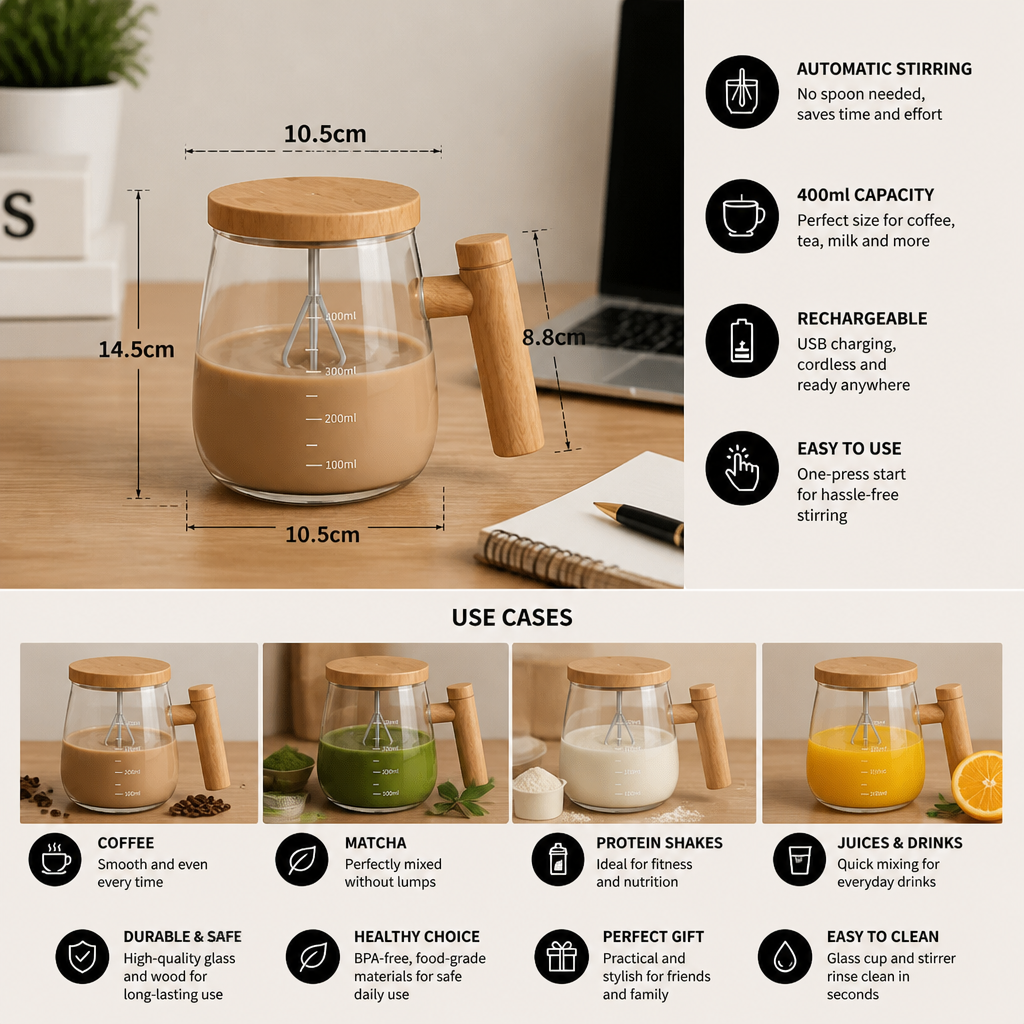 Fully Automatic Electric Mixing Cup – Practical Cup for Effortless and Even Stirring of Drinks & Mixtures