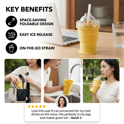 2-in-1 Ice Cube Cup – Foldable, with Straw & Silicone Mold for On-the-Go Use