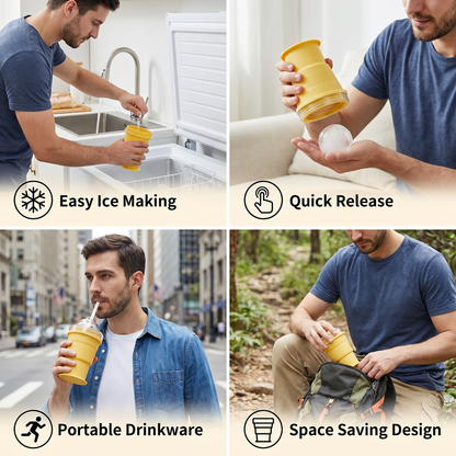 2-in-1 Ice Cube Cup – Foldable, with Straw & Silicone Mold for On-the-Go Use