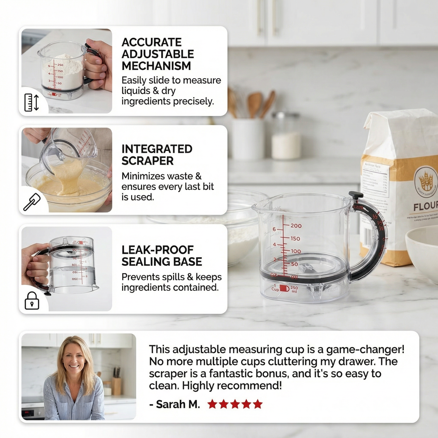 Adjustable Measuring Cup – Multifunctional Kitchen Tool with Scraper and Sealing Base