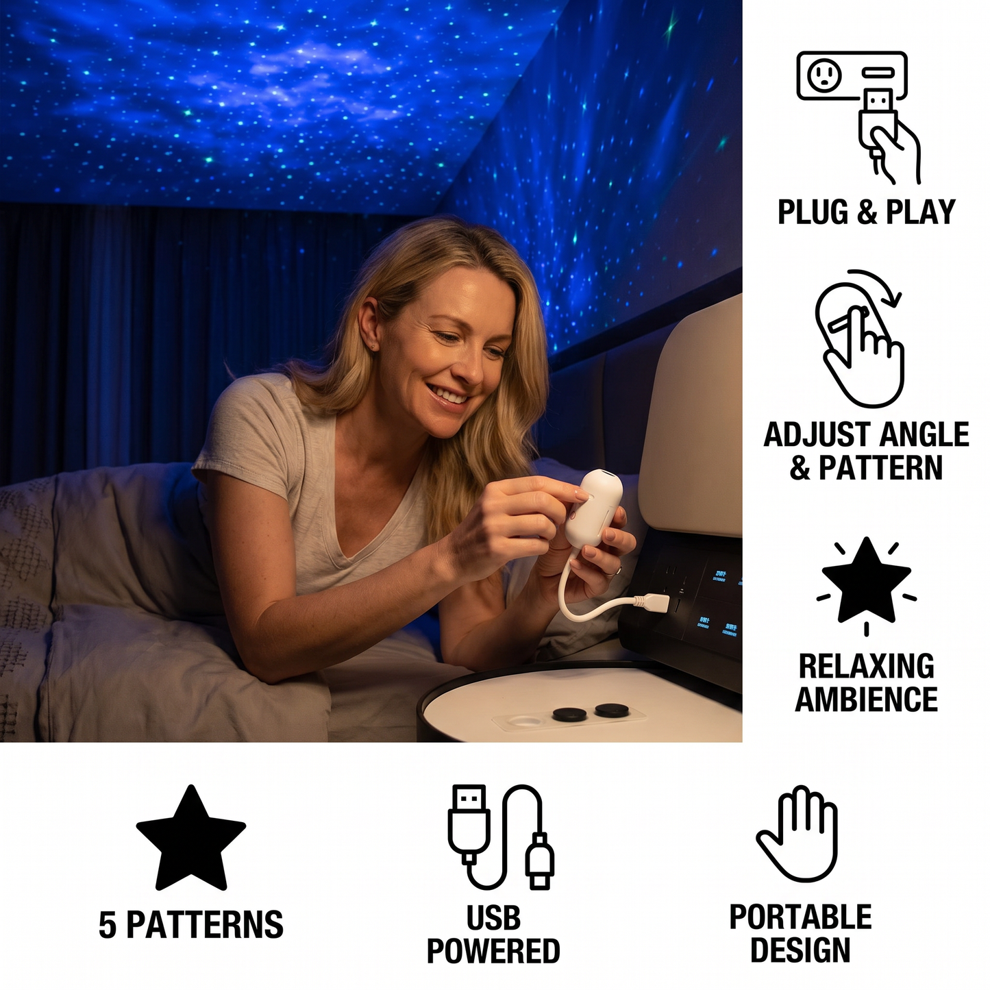Modern Starry Sky Lamp – USB Mini Projector Night Light for Bedroom & Relaxing Ambience incl. 5 Patterns