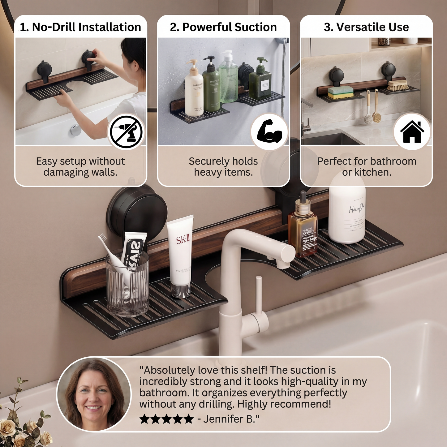 Bathroom Suction Cup Sink Shelf in Walnut Design