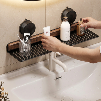 Bathroom Suction Cup Sink Shelf in Walnut Design