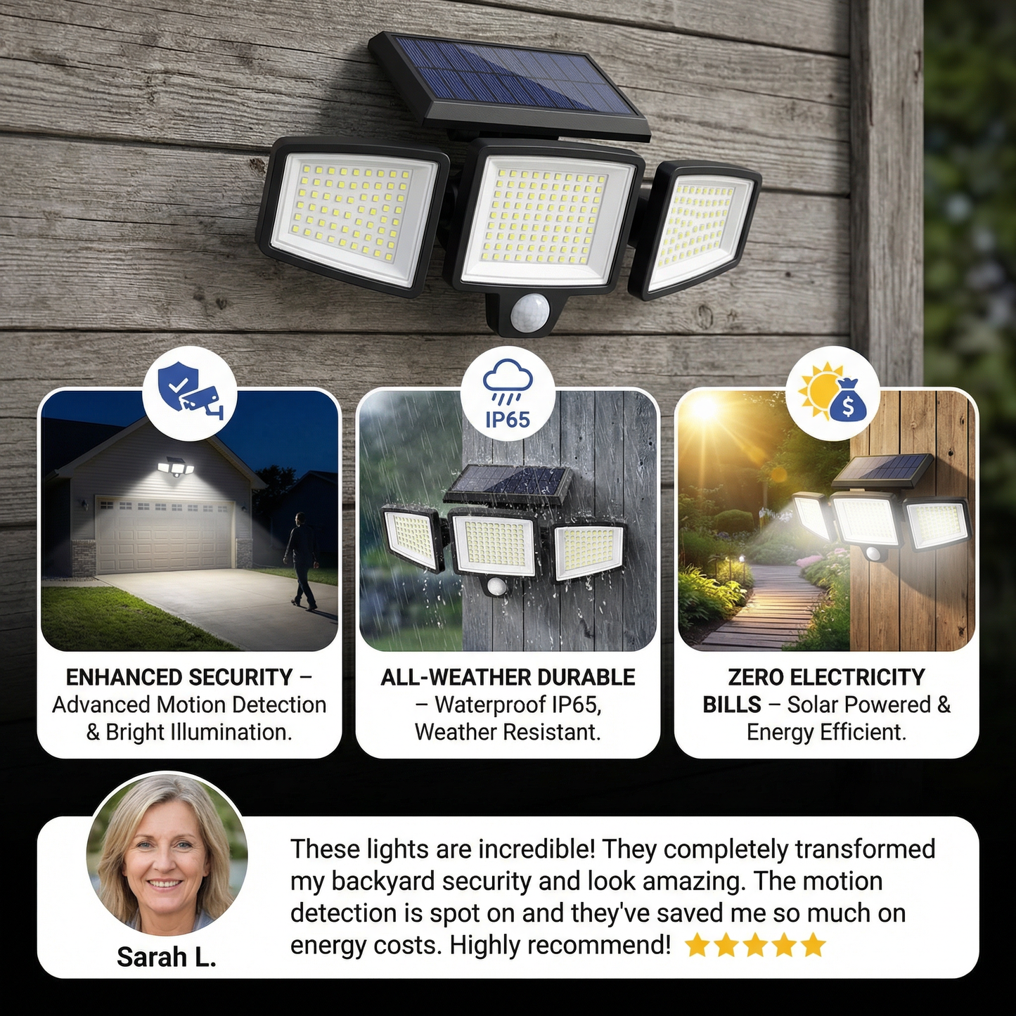 Waterproof LED Solar Outdoor Light with 3 Spotlights – 3 Light Modes & Motion Detection Lighting