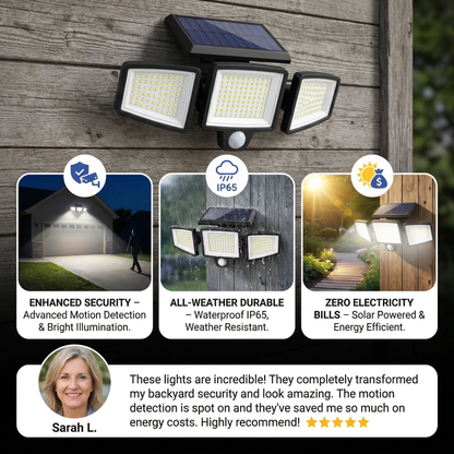 Waterproof LED Solar Outdoor Light with 3 Spotlights – 3 Light Modes & Motion Detection Lighting