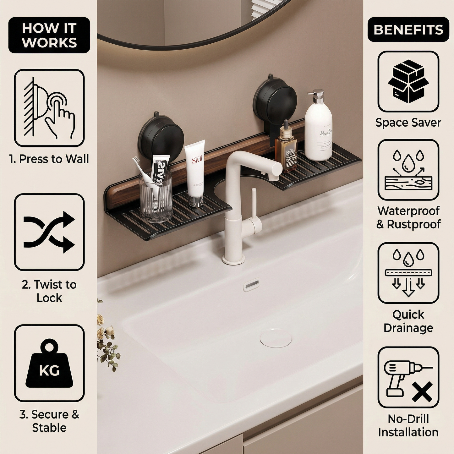 Bathroom Suction Cup Sink Shelf in Walnut Design