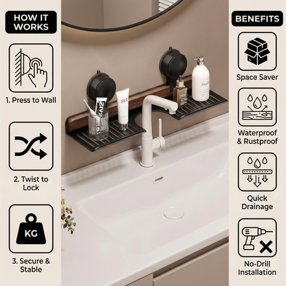 Bathroom Suction Cup Sink Shelf in Walnut Design