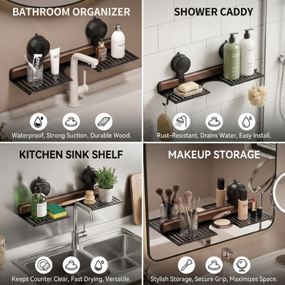 Bathroom Suction Cup Sink Shelf in Walnut Design