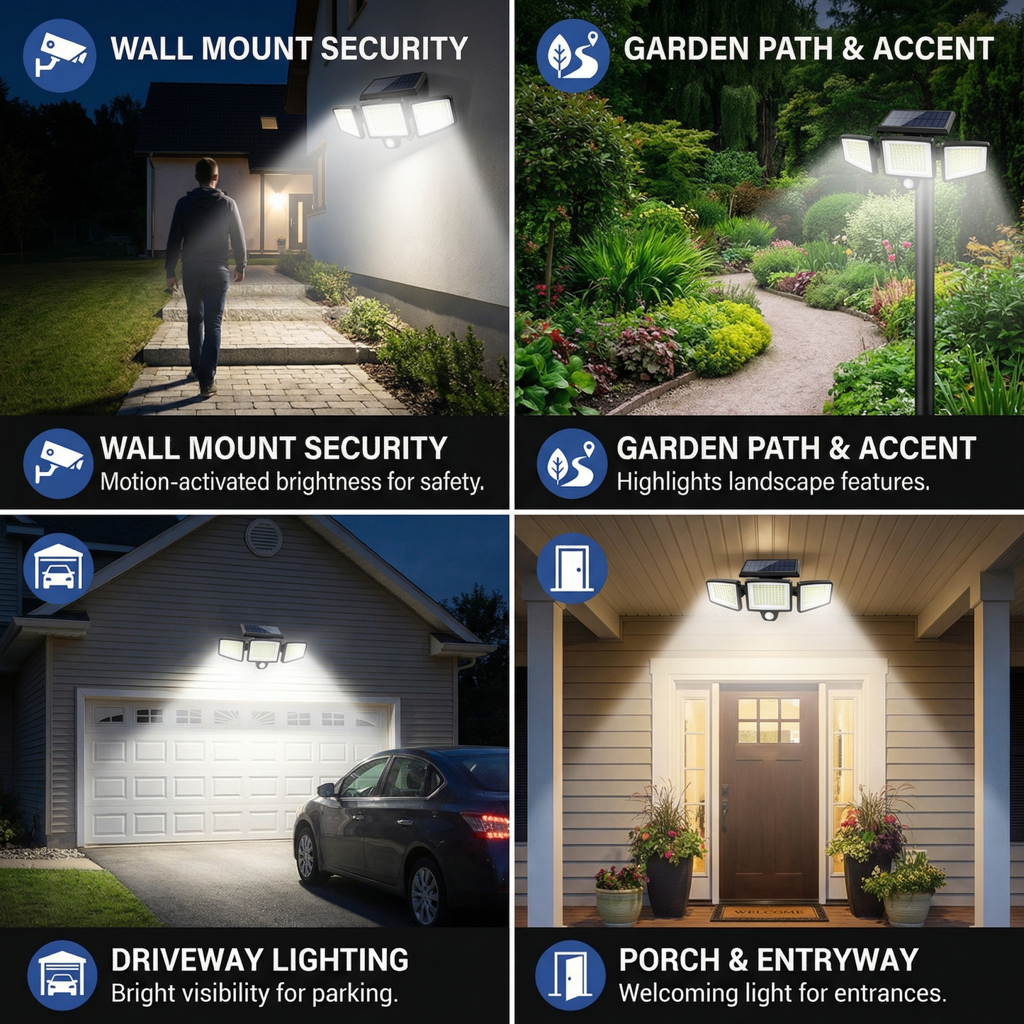 Waterproof LED Solar Outdoor Light with 3 Spotlights – 3 Light Modes & Motion Detection Lighting