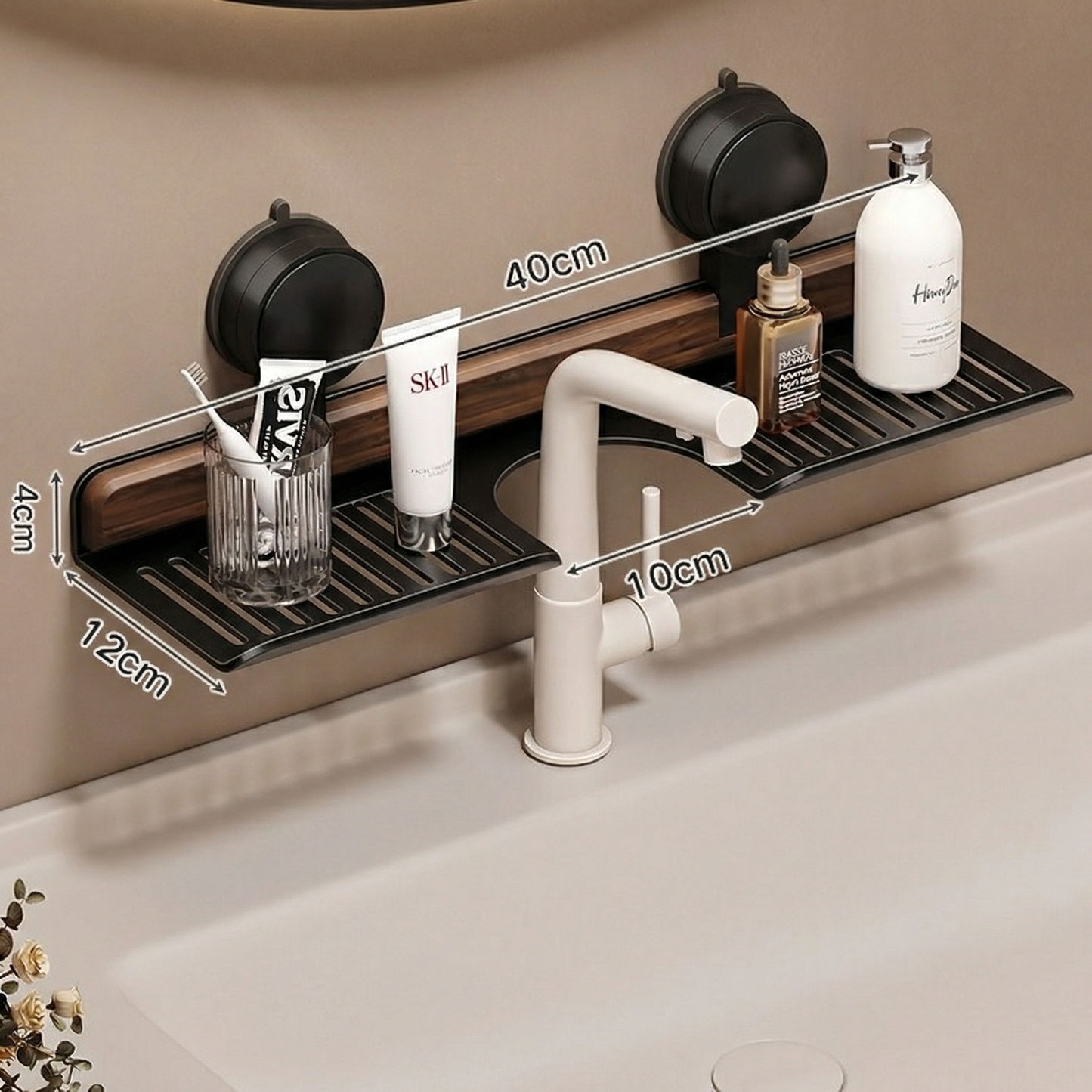 Bathroom Suction Cup Sink Shelf in Walnut Design