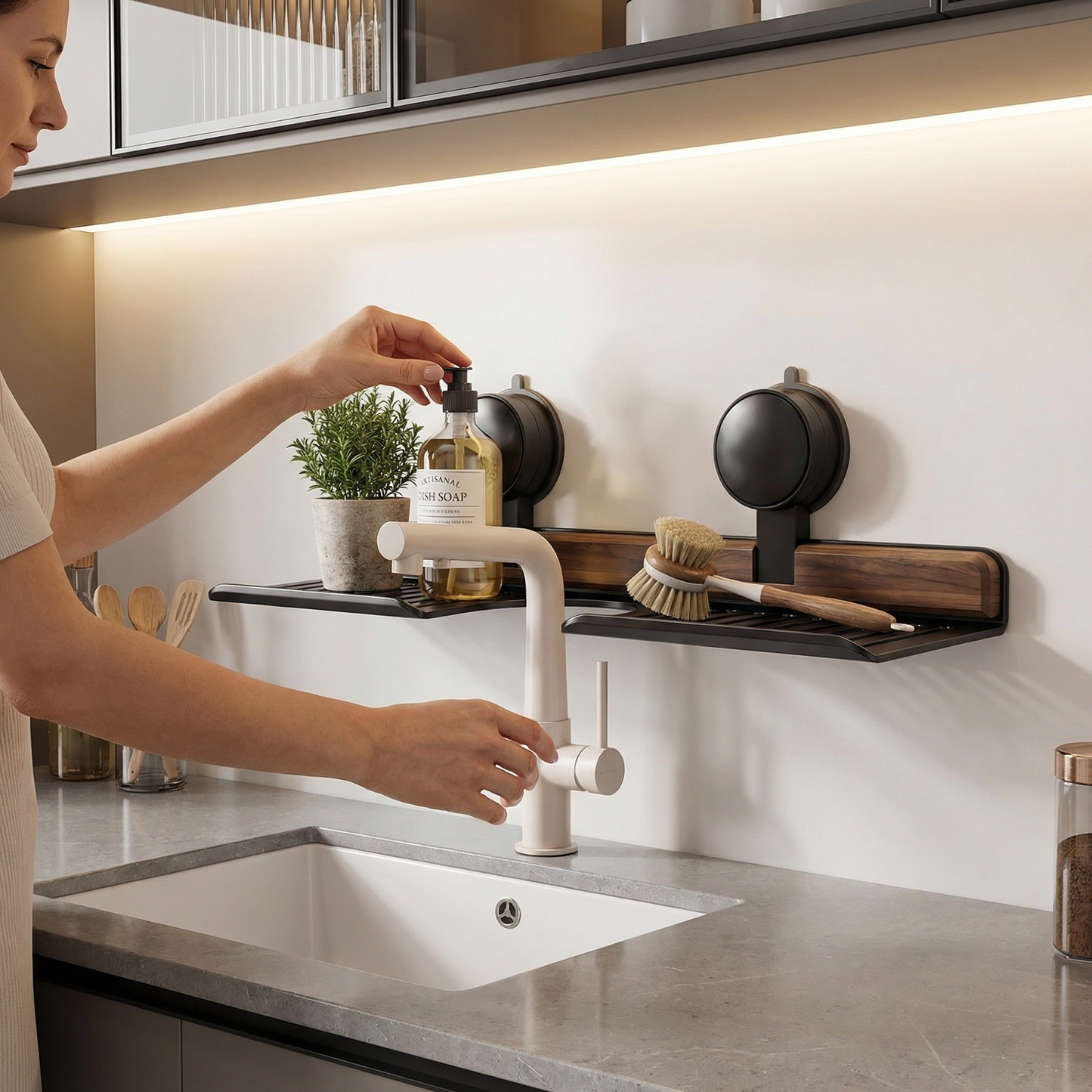 Bathroom Suction Cup Sink Shelf in Walnut Design