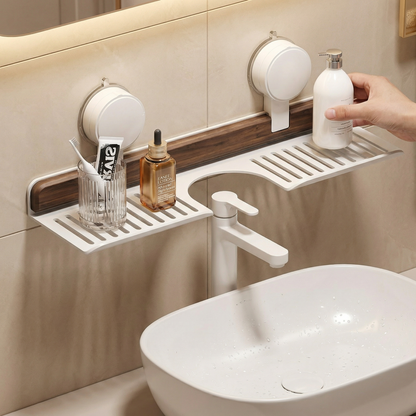 Bathroom Suction Cup Sink Shelf in Walnut Design