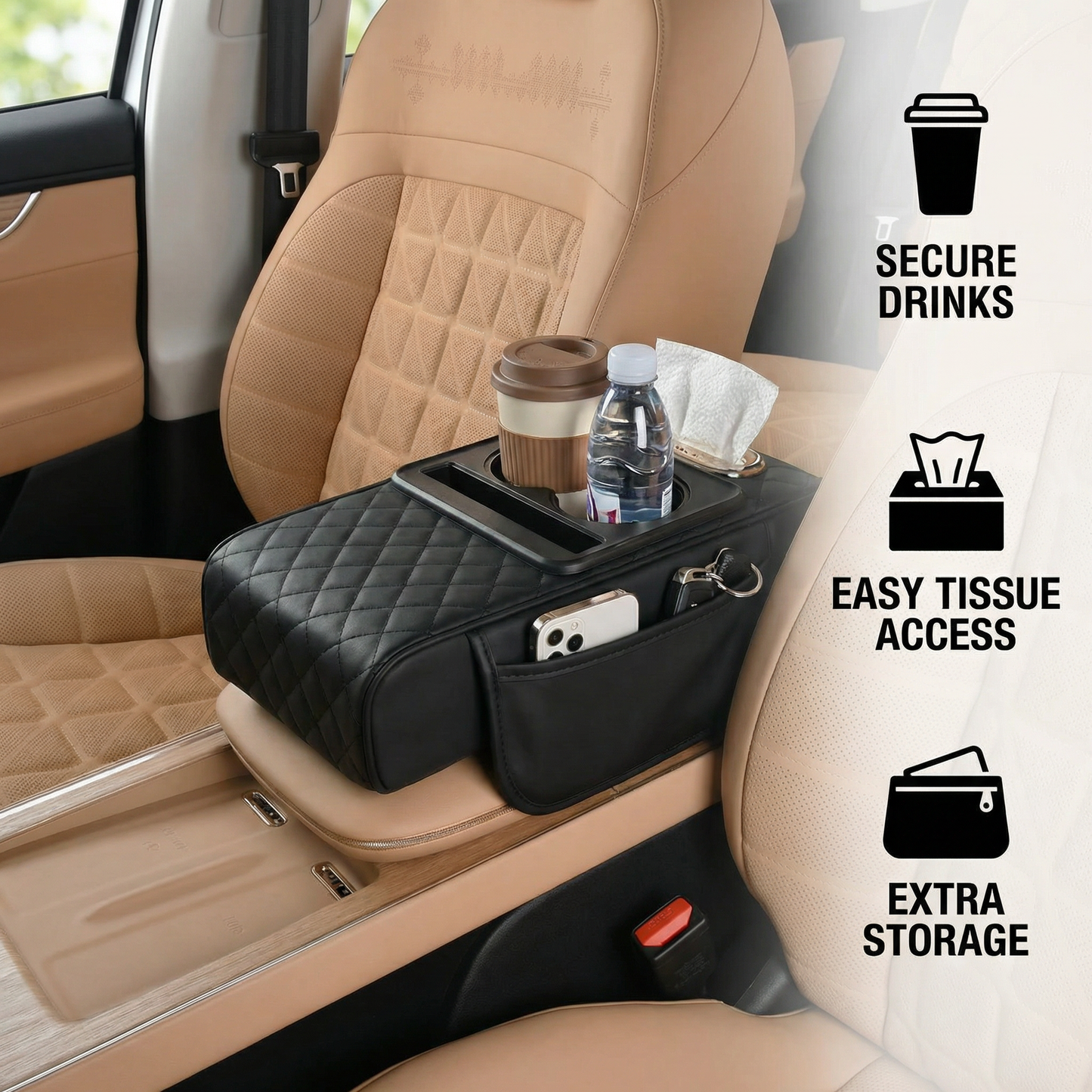 Multifunctional Car Armrest with Cup Holder & Storage