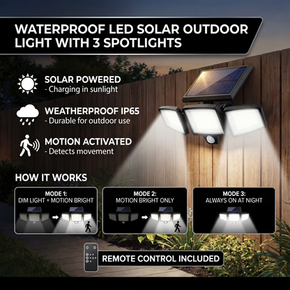Waterproof LED Solar Outdoor Light with 3 Spotlights – 3 Light Modes & Motion Detection Lighting